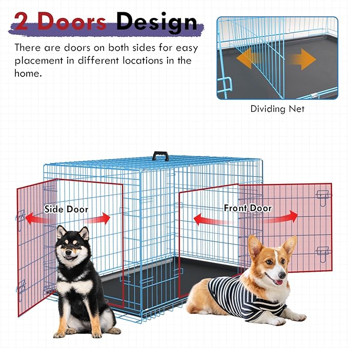 PayLessHere Large Dog Crate Kennel for Medium Large Dogs 30 inches Metal Dog Cage Double-Door Folding Travel Indoor Outdoor Puppy Playpen with Divider and Handle Plastic Tray,Blue