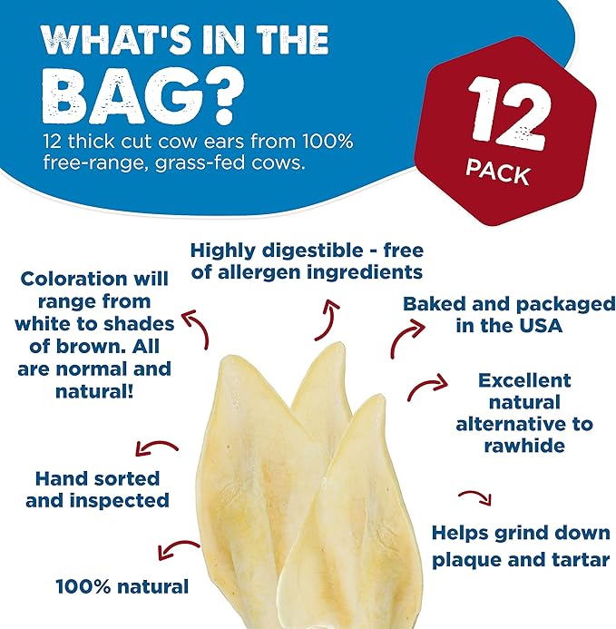 Best Bully Sticks All-Natural Thick-Cut Cow Ears for Small, Medium and Large Dogs - 100% Natural Free-Range Grass-Fed Beef Single Ingredient High Protein, Easily digestible Dog Chew Treats - 12 Pack