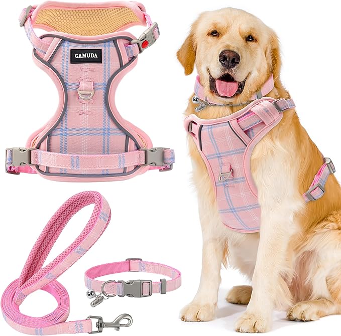 GAMUDA Dog Harness Collar and Leash Set, Dog Harness, No Chock No Pull Adjustable Vest Harnesses Plaid Reflective for Medium Dog, Cat, Small Horse, Small Bull and Pig (Pink, L)