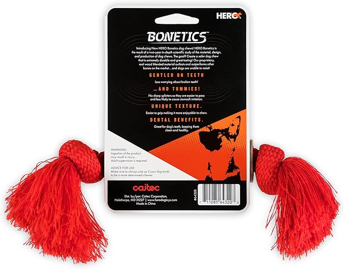 Hero | Bonetics Tassel Bone | Dog Bones | Puppy Bones | Designed for Extra Large Dogs Up to 75 lbs | Red (Bacon Flavor)