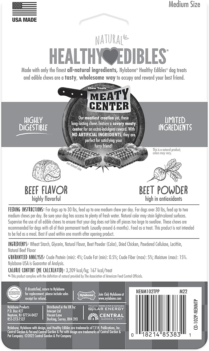 Nylabone Healthy Edibles Natural Dog Chews Long Lasting Meaty Center Beef Flavor Treats for Dogs, Medium (2 Count)