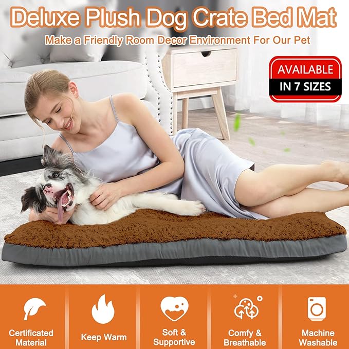 POCBLUE Deluxe Washable XL Dog Bed Dog Crate Mat 42 inch Comfy Fluffy Kennel Pad Anti-Slip for Dogs Up to 90 lbs, 42" x 28", Brown