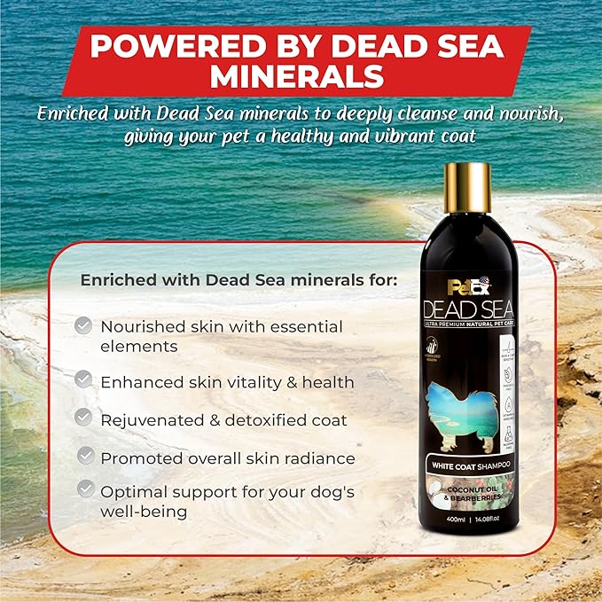 Ultra Premium Pet Care with Dead Sea Minerals - White Coat Shampoo - Shine and Brightness to White Coat, Keep Clean and Soft, Alcohol and Paraben Free, Suitable for Dogs & Cats