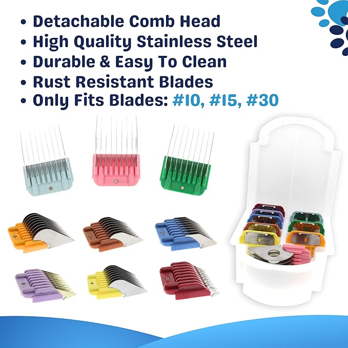 9 Piece Clipper Guard Attachment (3mm to 32mm) Set Fits for A5 Type Blades with Color Coded System | Stainless Steel Blade for Professional Dog Groomers and Stylists - Pack of Nine Sizes