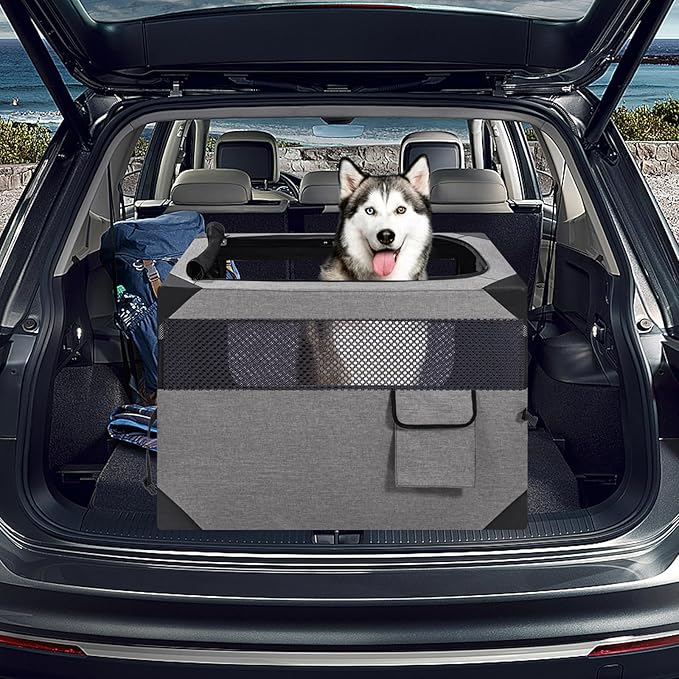 30 Inch Portable Travel Dog Crate, 3 Door Collapsible Soft Pet Kennel with Durable Mesh Windows for Medium Dogs, Foldable Dog Cage with Storage Pocket for Outdoor (Light Grey)