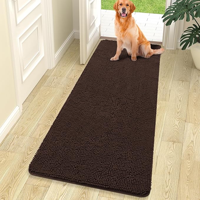 OLANLY Dog Door Mat for Muddy Paws 70x24, Absorbs Moisture and Dirt, Absorbent Non-Slip Washable Mat, Quick Dry Chenille, Mud Mat for Dogs, Entry Indoor Door Mat for Inside Floor, Brown