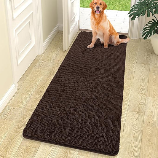 OLANLY Dog Door Mat for Muddy Paws 70x24, Absorbs Moisture and Dirt, Absorbent Non-Slip Washable Mat, Quick Dry Chenille, Mud Mat for Dogs, Entry Indoor Door Mat for Inside Floor, Brown