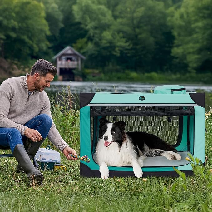 Ownpets Collapsible Dog Crate, 36 inch Portable Travel Dog Crate for Large Dogs, 4-Door Foldable Pet Kennel with Durable Mesh Windows & Double-Sided Soft Mat