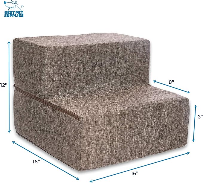 Best Pet Supplies Portable Foldable Foam Pet Stairs/Steps for Couch, Sofa, and High Bed, Non-Slip Bottom Balanced Paw Safe - Brown Linen, Foldable 2-Step (H: 12")