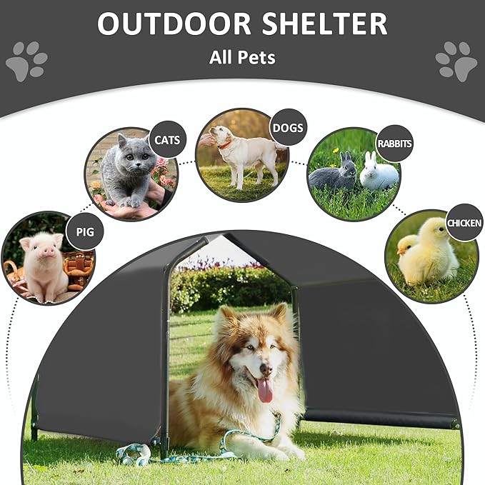 Dog Shade Shelter Outdoor Deep Grey Tent for Large Medium Dogs, 4'x4'x3' Outside Sun Rain Canopy Pet House for Cats Pigs Livestock with Waterproof Roof Ground Nails