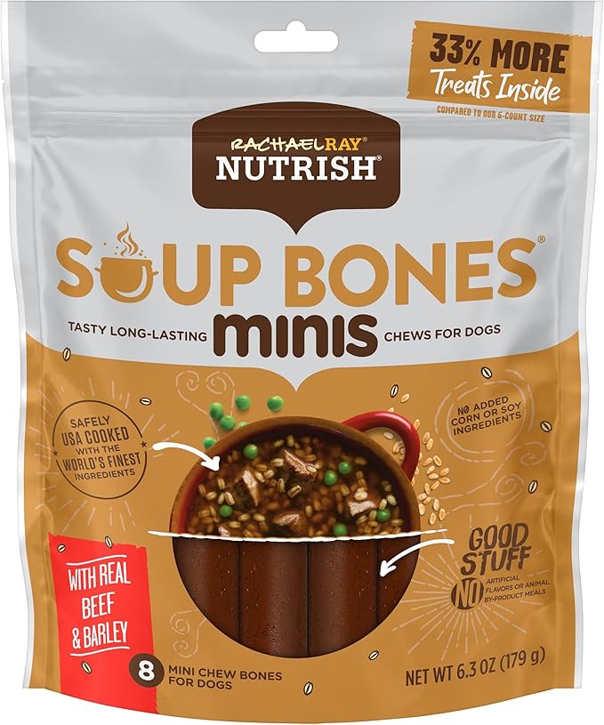 Nutrish Rachael Ray Soup Bones Minis Dog Chews with Real Beef & Barley, 8 Chews, 6.3 oz Pouch (Pack of 7)