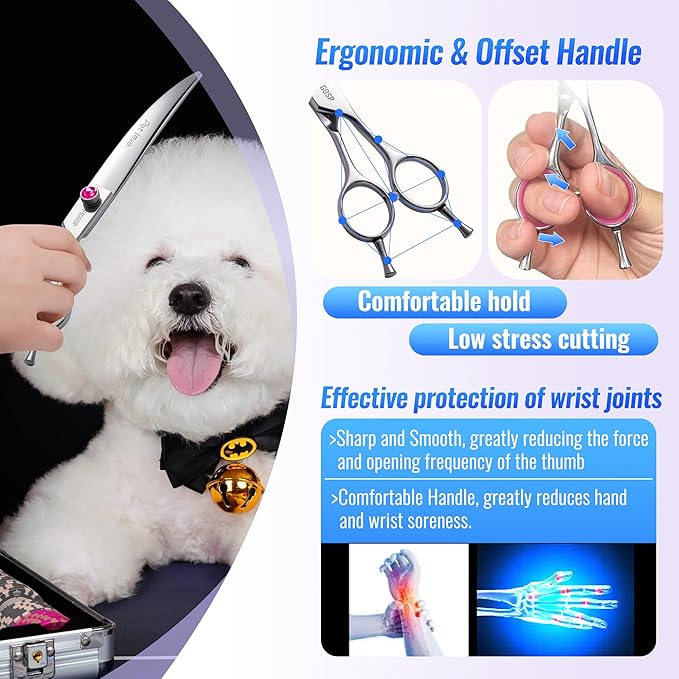 Curved Scissors for Dog Grooming Professional 8 inch Long Downward Curved Shears Dog Grooming for Poodle Large Dog Pet 30°Japanese 440C Stainless Steel Right Handed(8.0'',Curved)