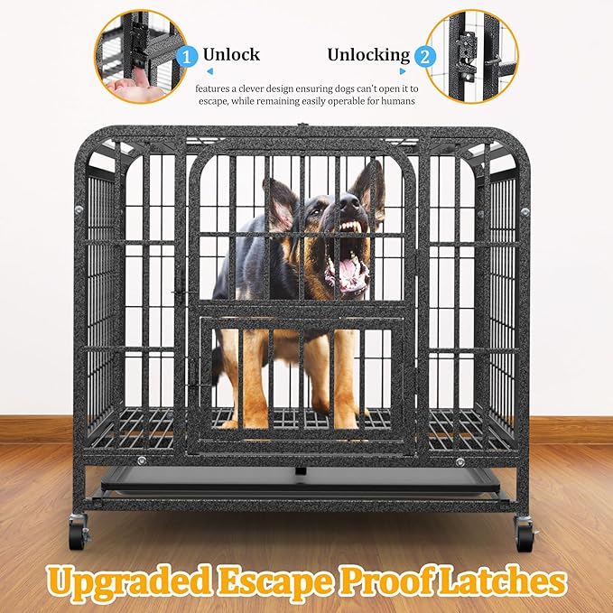 Dog Crates for Medium Dogs 37 inch, Heavy Duty 10-Gauge Steel Dog Kennel Indoor Escape Proof, Wire Cage for High Anxiety or Arthritic Dogs Comfortable with Lockable Wheels, Bottom Tray Easy to Clean