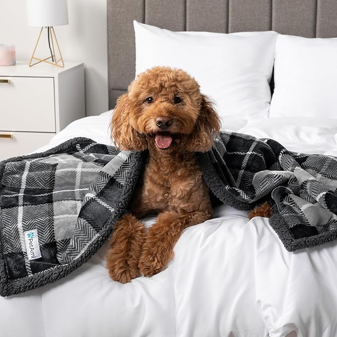 PetAmi WATERPROOF Dog Blanket for Bed, XL Dog Pet Blanket Couch Cover Protection, Sherpa Fleece Leakproof Bed Blanket for Crate Kennel Sofa Furniture Protector, Reversible Soft 80x60 Plaid Charcoal