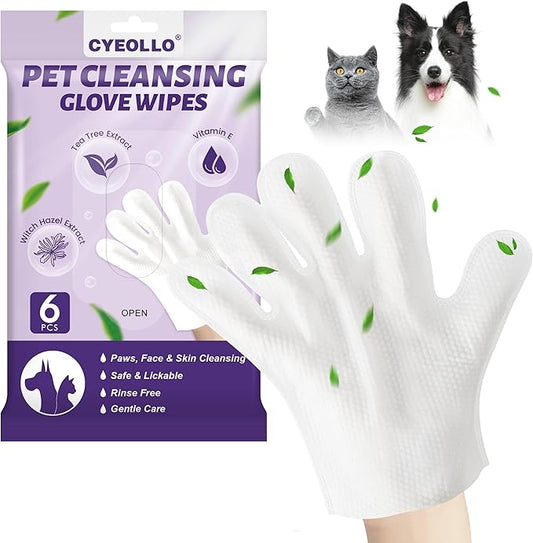cyeollo Pet Cleaning Wipes for Dogs Fur & Butt, Dog Dry Grooming Bath Glove Wipes for Deodorizing, Lick Safe Cats Cleaning Wipes, Wash Free, 6PCS