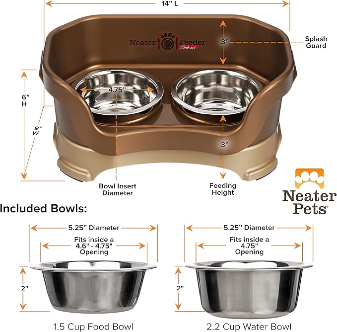Neater Feeder Deluxe Mess Proof Dog Bowls Elevated for Small Breed – Made in USA – No Spill Raised Dog Food Bowl Stand – Stainless Steel Food and Water Bowl Set, Pet Feeding Station, Bronze