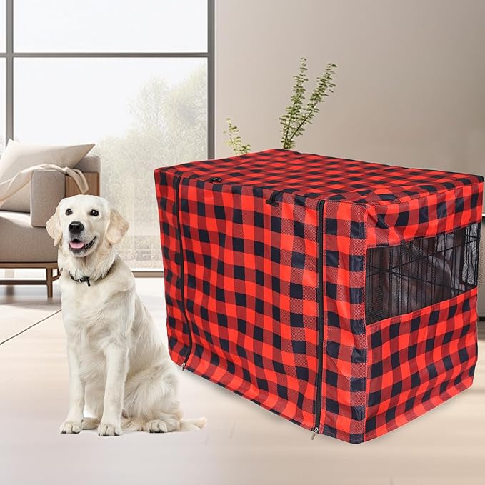 Pethiy Dog Crate Cover Durable Polyester Pet Kennel Cover Universal Fit for Wire Dog Crate - Fits Most 48 inch Dog Crates - Cover only-Red Plaid-48