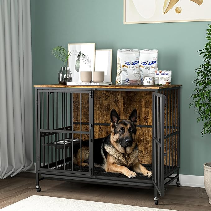 NicBex Dog Crate Furniture Dog Cage with 360 Degree Rotation Height Adjustable Feeding Bowls, Dog Kennels for Inside, Wooden Dog Crate with Lift Panel and Wheels, Antique Brown