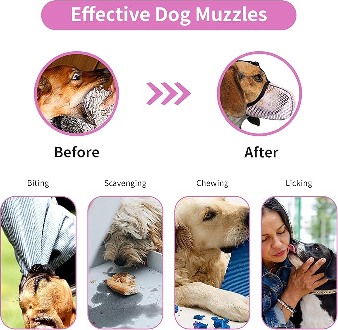 Dog Muzzle, Breathable Soft Muzzle for Small Dogs to Anti & Prevent Barking Biting Chewing, Reflective & Adjustable Basket Muzzle with Air Mesh for Toy Poodles Pink S