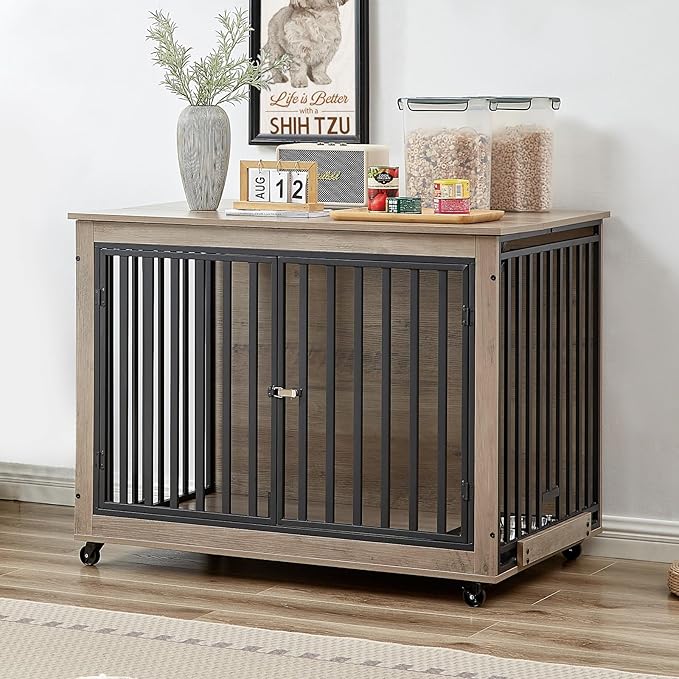 Dog Crate Furniture, Dog House Indoor with Feeding Bowl and Wheels, Wood Dog Crate Dog Kennels Decorative Dog Crate for Small Medium Dogs Grey 43.7" W x 30" D x 33.7" H One Size