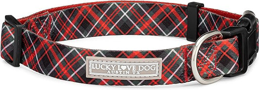 Lucky Love Dog, Beautiful Evergreen Dog Collar, Vivid Berry Plaid Dog Collar for Boy and Girl Dogs - (Medium, Heywood Collar)