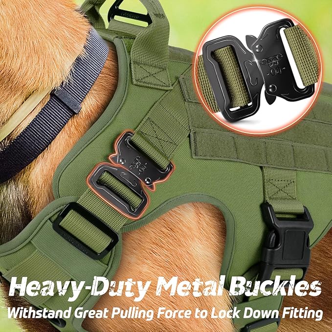 rabbitgoo Tactical Dog Harness for Large Dogs, Heavy Duty Dog Harness with Handle, No-Pull Service Dog Vest Large Breed, Adjustable Military Dog Vest Harness for Training Hunting Walking, Green, L