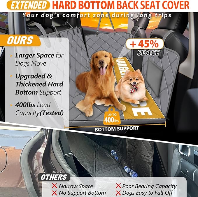 Back Seat Extender for Dogs-Large Space, Dog Car Seat Cover Hard Bottom Holds 400lbs, Sturdy Backseat Extender for Dogs, Waterproof Dog Hammock for Car Protector for Car, SUV, Truck