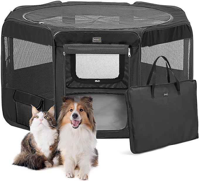 DONORO Dog Playpen Portable Pet Play Pens for Small Dog/Cat/Rabbit/Chicks, Cat Playpen Indoor/Outdoor with Carring Case, Removable Zipper Top and Bottom (Black, Large (46"x46"x23"), 8)