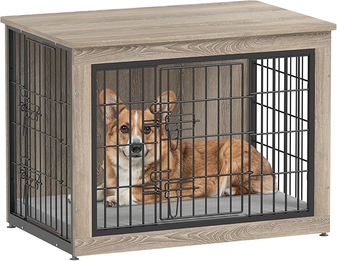 Piskyet Dog Crate Furniture with Cushion,Heavy-Duty Reinforced Metal Mesh,32" Wooden Dog Crate End Table with Double Doors,Indoor Dog Kennel,Dog Cage Side Table for Medium Breed,Grey