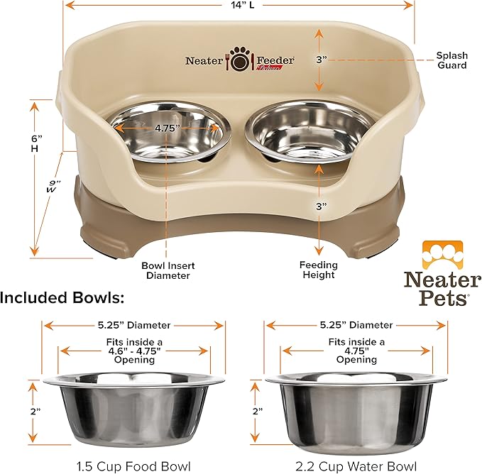 Neater Feeder Deluxe Mess Proof Dog Bowls Elevated for Small Breed – Made in USA – No Spill Raised Dog Food Bowl Stand – Stainless Steel Food and Water Bowl Set, Pet Feeding Station, Cappuccino