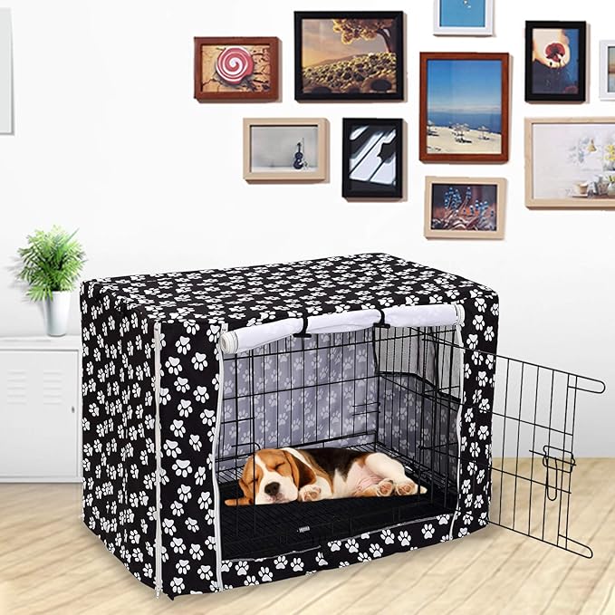Dog Crate Cover Kennel Dogs Covers fits Small Medium Large crates cage Heavy Nylon Waterproof soundproof Indoor Outdoor - Cover only - Black paw - 42 inch