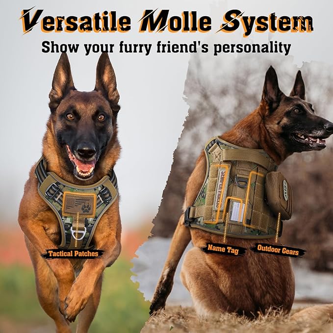 rabbitgoo Dog Harness Medium Sized No Pull, Tactical Service Dog Vest with Molle and Control Handle, Adjustable and Reflective Military Pet Harness for Easy Walking and Training, Brown camo, M