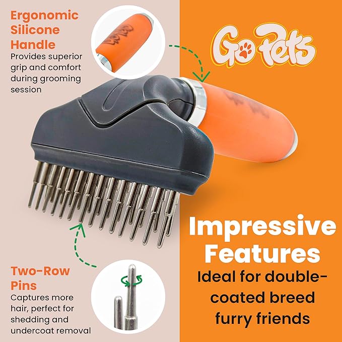 GoPets Double Row Dematting Rake for Dogs & Cats, Undercoat Grooming Brush, Safe Deshedding & Shedding Tool for Thick & Long Coats, Removes Mats & Tangles, Ideal for long-haired dogs