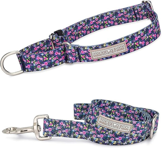 Lucky Love Dog Martingale Collar and Leash Set, Premium No Slip Collar for Large Dogs, Flower Martingale Collar for Girl Dogs, Great for Whippets, Greyhounds, and More (Primrose, Medium - Combo)