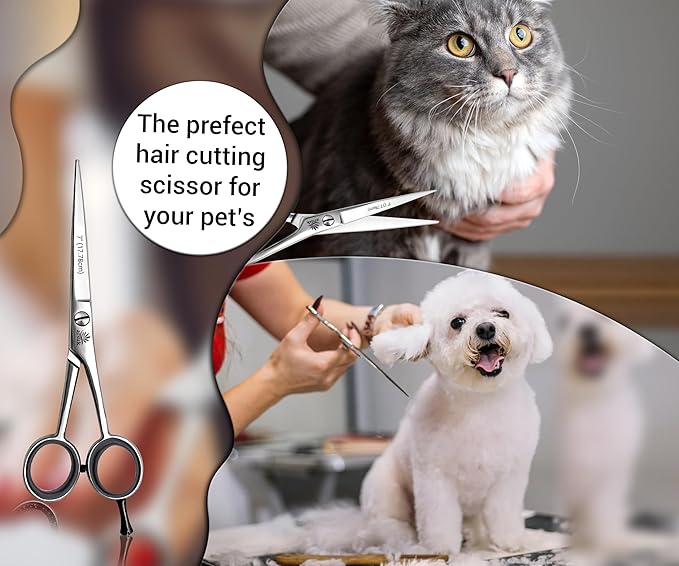 ARSUK Dog Grooming Scissors 7-Inch – Professional Pet Hair Cutting Shears for Dogs, Cats & Horses – Straight Stainless Steel Trimming Scissors with Rubber Grip & Finger Rest