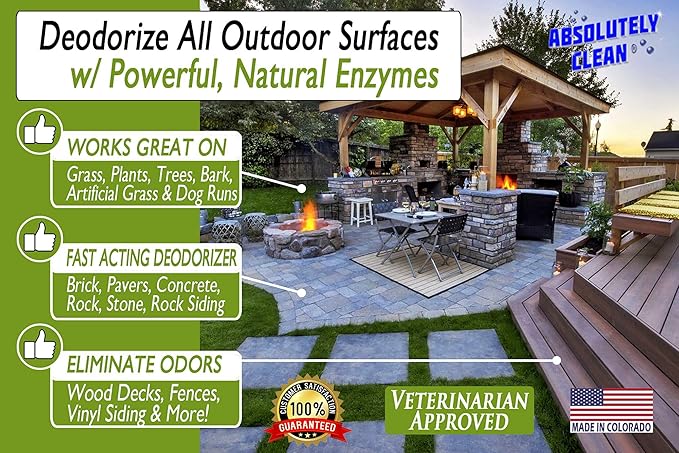 Amazing Outdoor Deodorizer odor eliminator Natural Enzyme Just Spray & Walk Away Grass, AstroTurf, Dog Runs, Patios, Decks, Fences & More Vet Approved - 32oz odor eliminator for strong odor