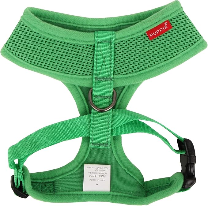 Puppia Soft Dog Harness No Choke Over-The-Head Triple Layered Breathable Mesh Adjustable Chest Belt and Quick-Release Buckle, Green, X-Small