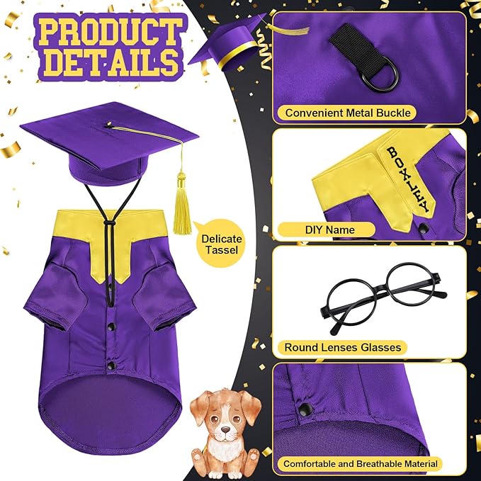5 Pcs Dog Graduation Costume Set Include 2025 Pet Graduation Gown with Stole Puppy Grad Cap Lensless Glasses DIY Letter Stickers for Dogs Cats Holiday Costume Accessory(Purple Yellow,S)