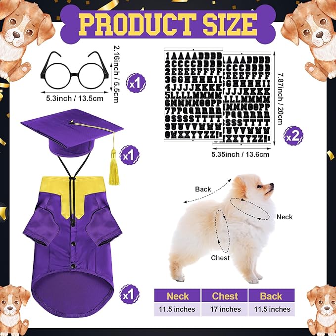 5 Pcs Dog Graduation Costume Set Include 2025 Pet Graduation Gown with Stole Puppy Grad Cap Lensless Glasses DIY Letter Stickers for Dogs Cats Holiday Costume Accessory(Purple Yellow,S)