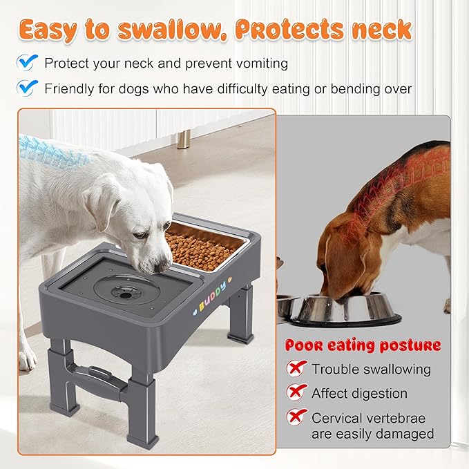 Decflow 2-in-1 Elevated Dog Bowls, 4 Height Adjustable Raised Dog Bowls with Stainless Steel Dog Food Bowls & No Spill Water Bowl, DIY Stickers Foldable Pet Bowl for Medium Large Dogs