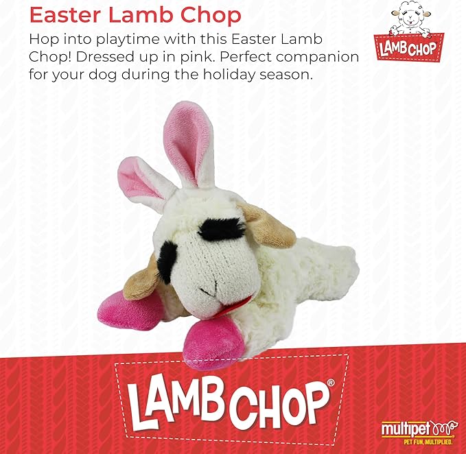 Multipet Lamb Chop Dog Plush Toy w/Easter Bunny Ears - Squeaky Dog Toy for All Dogs - Extra Soft Plush Dog Toy - Stuffed Animal Dog Toy for Cuddling & Playing - Cute Pet Toy (6”, Cream/Pink)