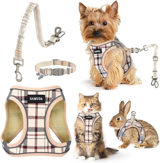 GAMUDA Dog Harness, Collar and Seat Belt Set, Vehicle Safety Harness, Retractable Adjustable Pet Seatbelts with Travel Strap and Carabiner for Most Cars (Beige, L)
