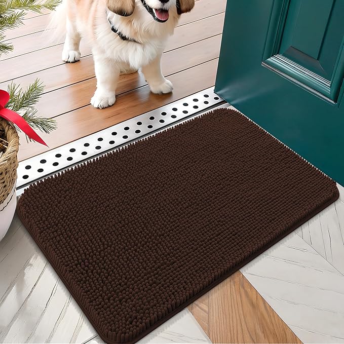 OLANLY Dog Door Mat for Muddy Paws 24x16, Absorbs Moisture and Dirt, Absorbent Non-Slip Washable Mat, Quick Dry Chenille, Mud Mat for Dogs, Entry Indoor Door Mat for Inside Floor, Brown