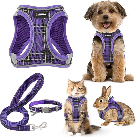 GAMUDA Small Dog Harness Collar and Leash Set, Step in No Chock No Pull Soft Mesh Adjustable Dog Vest Harnesses Plaid Reflective for Dogs Puppy Cats Kitten Rabbit (Purple, S)