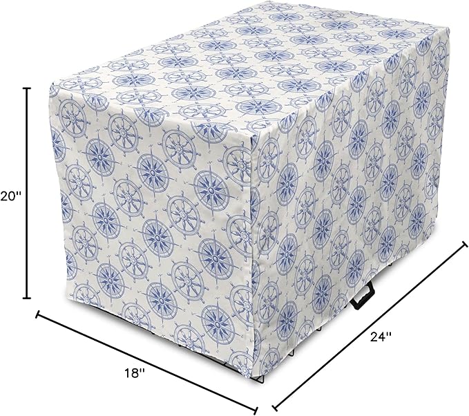 Ambesonne Nautical Dog Crate Cover, Marine Theme Wheel and Compass Motifs Sailing Objects Hand Drawn Ship Steering, Easy to Use Pet Kennel Cover for Cats & Medium Dogs, 24 Inch, White and Blue