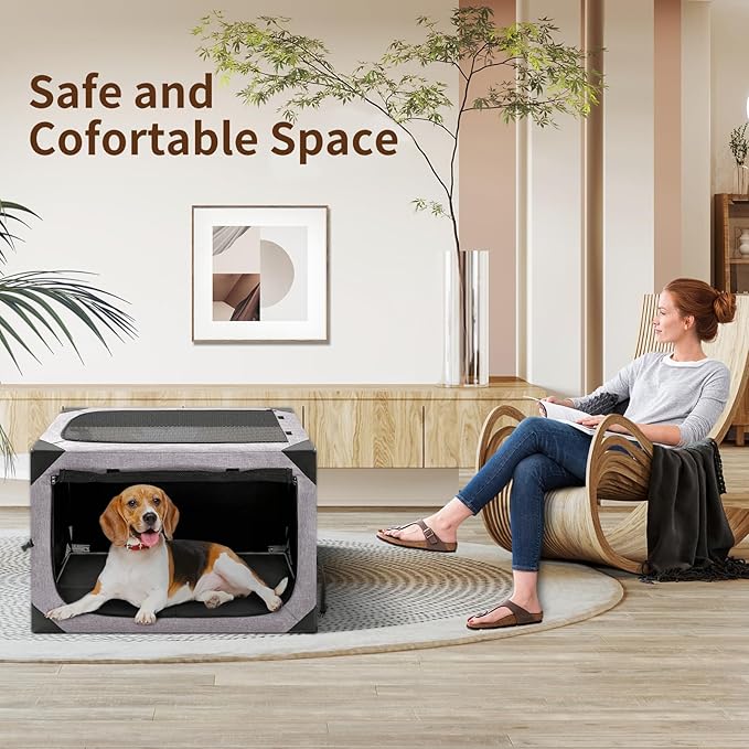 Dog Crate,36x25x25 Inch Large Dog Crate for Large or Medium Dogs, Portable and Foldable Design of Dog Cage, Perfect for Travel or Home Use, Dog Kennel with 3-Door and Durable Mesh Windows, Light Grey