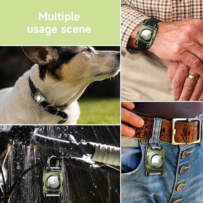 IP68 Waterproof Airtag Case for Dog Collar [2 Pack] Airtag Dog Collar Holder Hard TPU Full Protection Airtag Holder with Removable Handle Cat Dog GPS Tracker Anti Loss air tag Cover（Green）