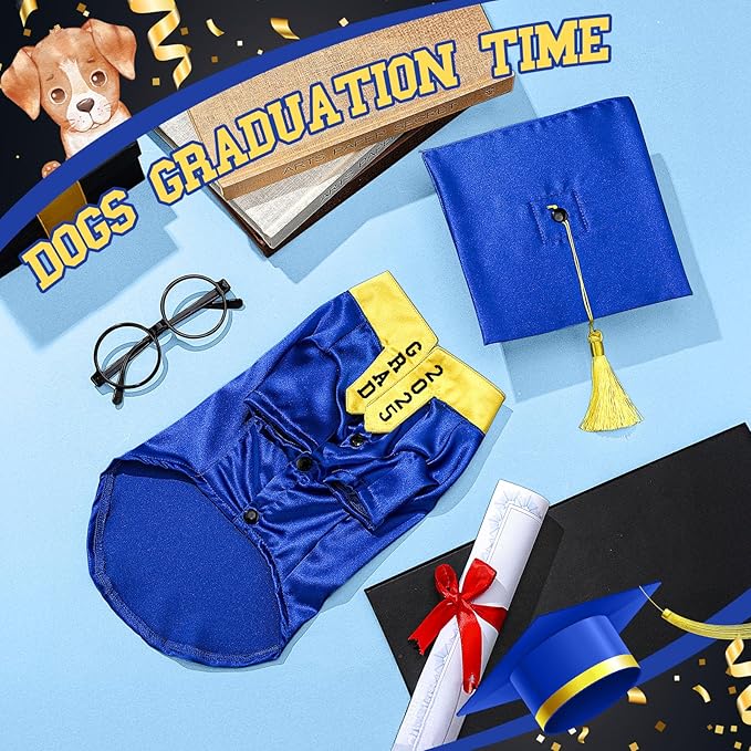 5 Pcs Dog Graduation Costume Set Include 2025 Pet Graduation Gown with Stole Puppy Grad Cap Lensless Glasses DIY Letter Stickers for Dogs Cats Holiday Costume Accessory(Blue Yellow,L)