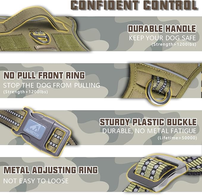 Auroth Tactical Dog Harness for Large Dogs No Pull Adjustable Pet Harness Reflective K9 Working Training Easy Control Pet Vest Military Service Dog Harnesses Army Yellow L