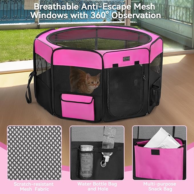 PETSFIT Portable Dog Playpen, 29" Dia Puppy Playpen with Zipper Removable Mesh Top Cover and Leakproof Playpen Bottom Mat-Cat Playpen Indoor/Outdoor for Cats,Dogs&Small Animals